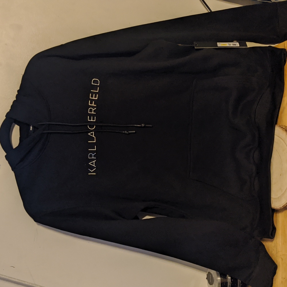 KARL LAGERFELD Pullover Logo Hoodie Solid Black Mens Medium
